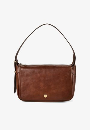 Braune Lederhandtasche mit einem einzelnen Schulterriemen, oberem Reißverschluss und einem kleinen goldenen Emblem auf der Vorderseite in der Mitte.