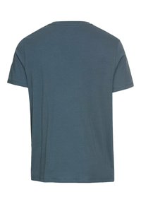 En simpel t-shirt med korte ærmer i afdæmpet blå, vist fra ryggen, med rund halsudskæring og lige kant.