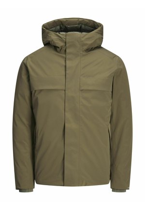 Olivovo zelená, nepremokavá bunda s vysokým golierom, prednými vreckami s klopou a elastickými manžetami. Má minimalistický dizajn a hladkú textúru.