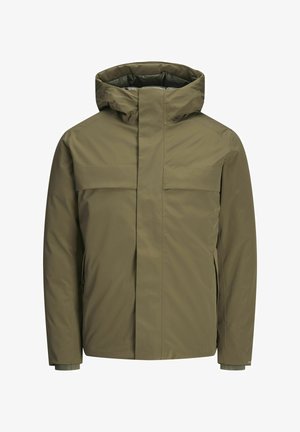 Olivovo zelená, nepremokavá bunda s vysokým golierom, prednými vreckami s klopou a elastickými manžetami. Má minimalistický dizajn a hladkú textúru.
