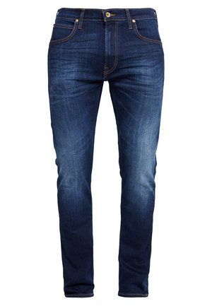 Dark blue slim-fit denim jeans with front button and zipper, five-pocket design, and slight fading on thighs and knees.
