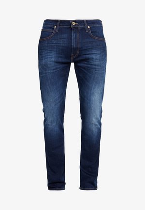 Dark blue slim-fit denim jeans with front button and zipper, five-pocket design, and slight fading on thighs and knees.