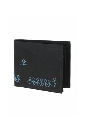 Portefeuille noir à deux volets avec des dessins de bonhommes allumettes bleu clair, comprenant une rangée de figures se tenant la main et une figure qui saute au-dessus.