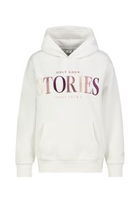 Witte hoodie met een voorste kangoeroe zak en een capuchon met aantrekkoord. "ENKEL GOEDE VERHALEN" gedrukt in verloopkleuren aan de voorkant.