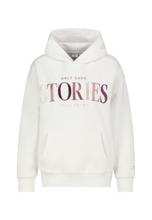 White hoodie featuring a front kangaroo pocket and a drawstring hood. "ONLY GOOD STORIES" printed in gradient colors on the front.