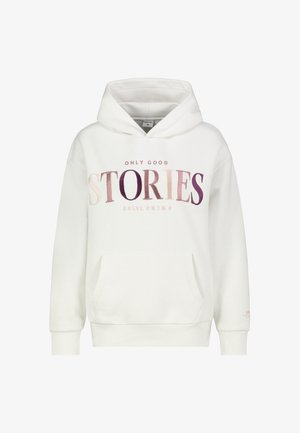 Weißer Hoodie mit einer frontalen Kängurutasche und einer Kapuze mit Kordelzug. Auf der Vorderseite steht "NUR GUTE GESCHICHTEN" in Farbverlauf.