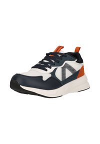 Herresneakers i hvid, navy og orange farvekombination, lavet af syntetiske materialer med en tekstureret overdel og en gummisål.