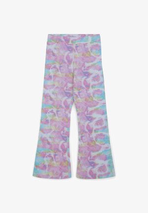 Spodnie dzwony wykonane z miękkiego materiału, z pastelowym wzorem tie-dye w odcieniach różu, niebieskiego i jasnej zieleni, z elastycznym pasem i szerokimi nogawkami.