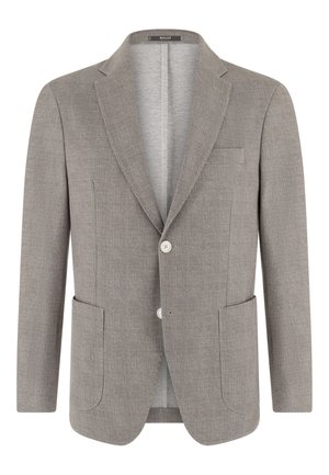 Jasnoszara męska marynarka z wyciętymi klapami, dwoma guzikami z przodu, kieszeniami naszywanymi oraz kieszonką na piersi, marki Boggi Milano.