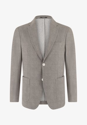 Jasnoszara męska marynarka z wyciętymi klapami, dwoma guzikami z przodu, kieszeniami naszywanymi oraz kieszonką na piersi, marki Boggi Milano.