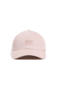 Pink corduroy cap with a curved visor, featuring an embroidered "VANS" logo and checkered detail on the front, textured surface.