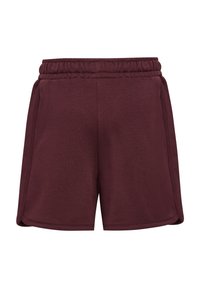 Burgundy atletiska shorts med elastisk midja, slät textur, sidofickor och rak skärning. Materialet verkar vara andningsbart och avslappnat.