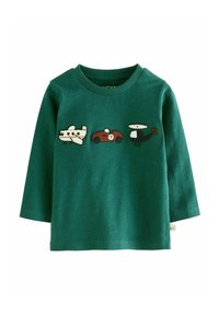 Groen shirt met lange mouwen met geborduurde ontwerpen van een vliegtuig, auto en helikopter op de voorkant. Zachte stof, ronde halslijn.
