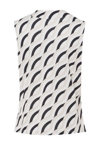 Mouwloze blouse van een lichtgewicht stof met een golvend patroon in zwart, room en zachte beige tinten, met een rechte zoom en geen zichtbare sluitingen.