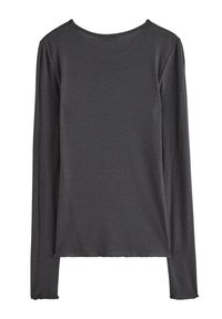 Maglietta a maniche lunghe di colore grigio scuro, realizzata in morbido tessuto misto cotone. Presenta un collo rotondo e una vestibilità comoda con un orlo dritto.