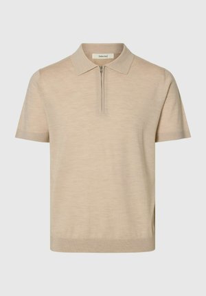 Beige short-sleeve polo shirt with a zip-up collar and fitted hem, made from a lightweight knit fabric.