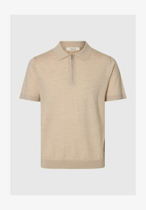 Tricou polo bej cu mâneci scurte, guler cu fermoar și tiv ajustat, realizat dintr-un material tricotat ușor.