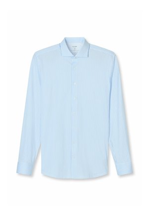 Light blue long-sleeve shirt with vertical thin white stripes, button front, collared neck, and rounded hem. Fabric appears smooth.