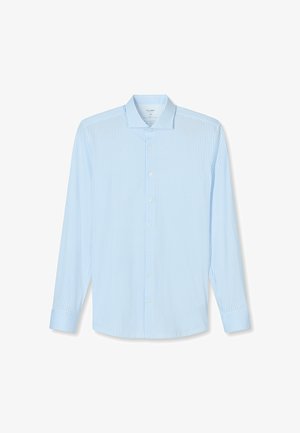Light blue long-sleeve shirt with vertical thin white stripes, button front, collared neck, and rounded hem. Fabric appears smooth.