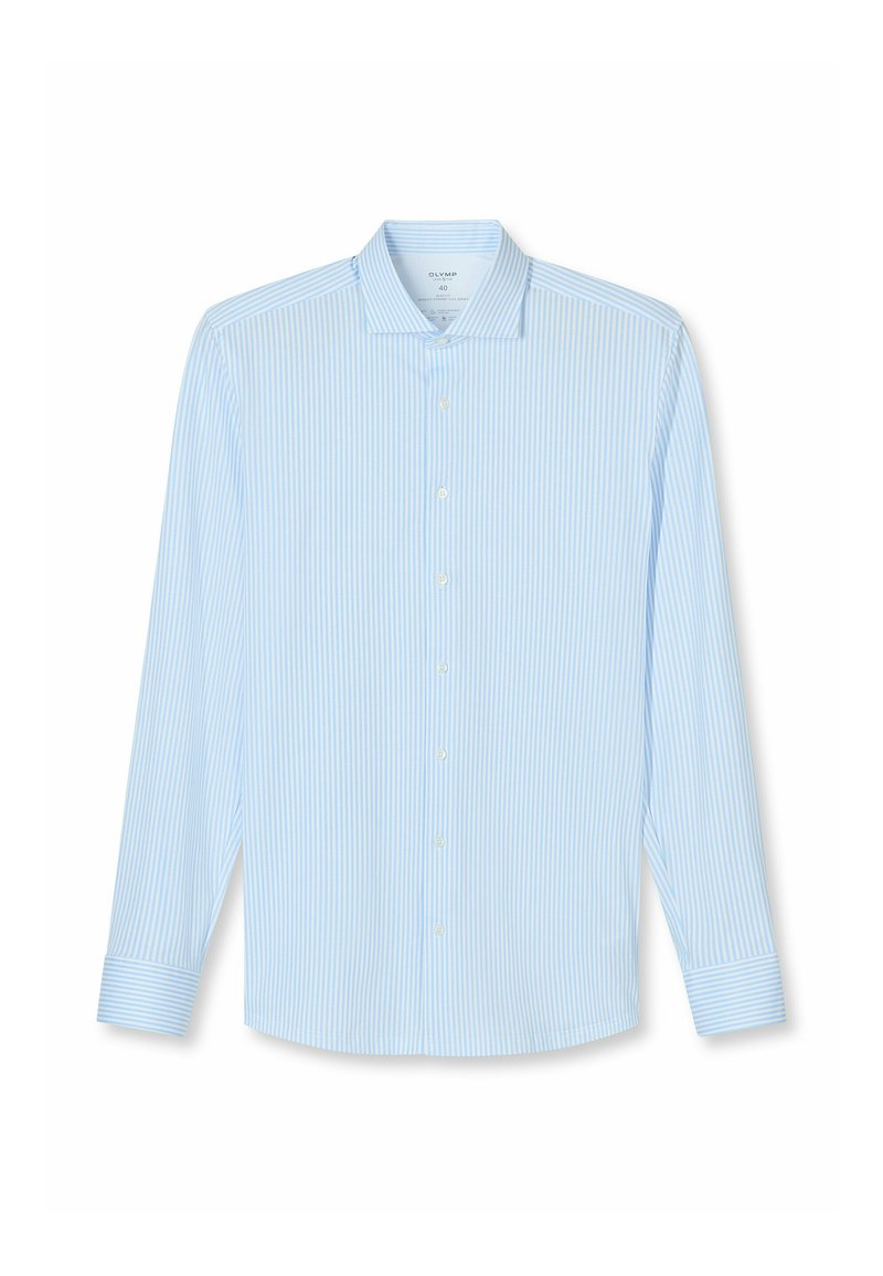 Hellblaues Langarmhemd mit vertikalen feinen weißen Streifen, Knopfleiste, Kragen und abgerundetem Saum. Der Stoff wirkt glatt.