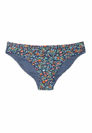 Bikinihose mit Blumenmuster auf marineblauem Hintergrund, verziert mit mehrfarbigen Blumen und horizontalen Streifen. Weicher Stoff mit elastischem Bund.