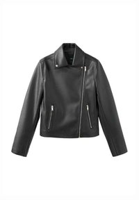 Czarna skórzana kurtka motocyklowa z kołnierzem stojącym, zapięciem na suwak z przodu oraz dwoma zamykanymi kieszeniami po bokach. Gładka faktura i dopasowany krój.