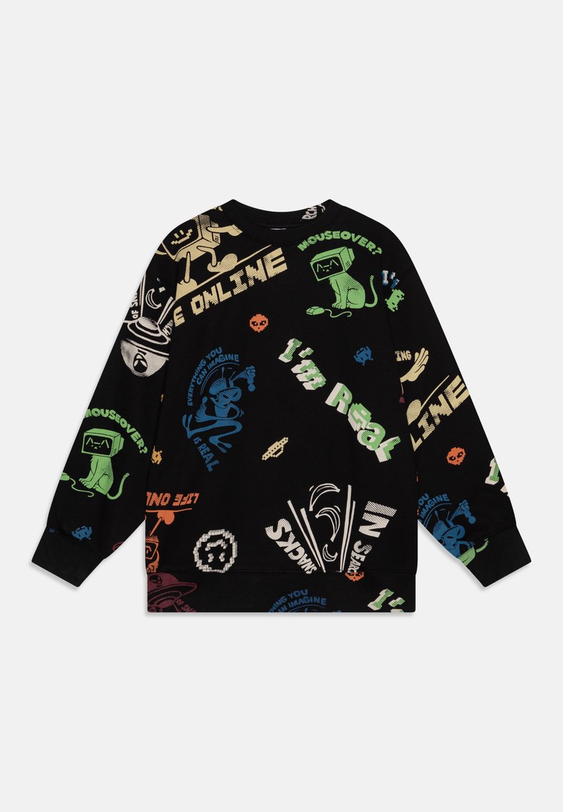 Felpa nera con stampe grafiche colorate e elementi testuali in vari colori, con una vestibilità rilassata e polsini a costine.