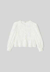 Blouse blanche à manches bouffantes, motif floral brodé, encolure ronde et fermeture à boutons. Texture lisse avec une coupe décontractée.