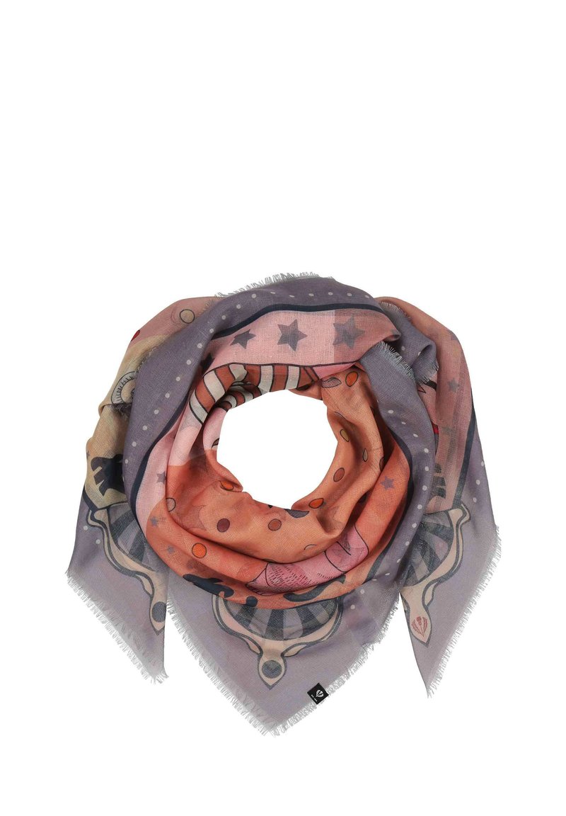 Square scarf made of lightweight fabric, featuring a gradient of pink and gray with whimsical patterns of stars, circles, and figures. Fringed edges.