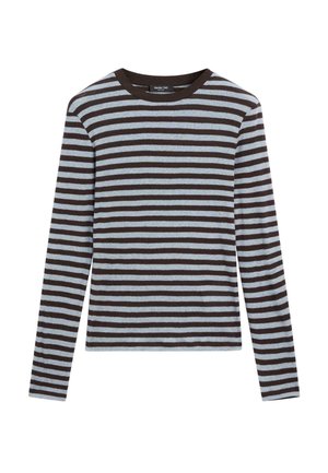 Long-sleeve shirt featuring horizontal stripes in brown and light blue, made from soft fabric with a round neckline and relaxed fit.