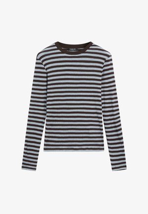 Camicia a maniche lunghe con strisce orizzontali marroni e azzurro chiaro, realizzata in tessuto morbido con collo rotondo e vestibilità comoda.