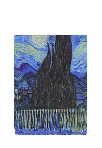 Stampa artistica blu e verde con motivi vorticosi, alti cipressi e un cielo stellato, con un dettaglio frastagliato lungo il bordo inferiore.