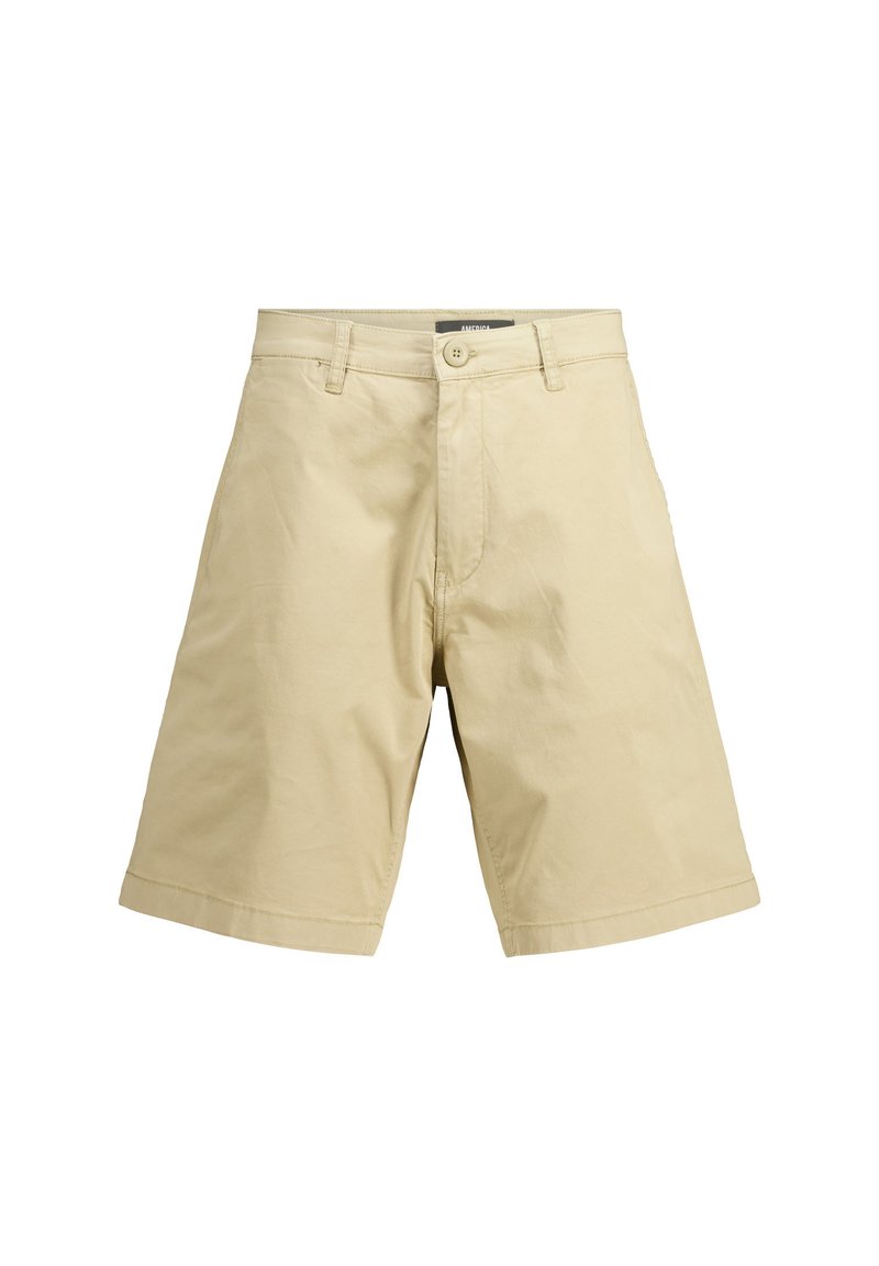 Beige cotton shorts with a button closure, flat front, and side pockets. Straight fit and knee-length, featuring a clean, smooth texture.