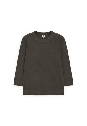 Dark grey long sleeve shirt with a rounded neckline, made of soft fabric. Features straight cut and no patterns or additional accents.