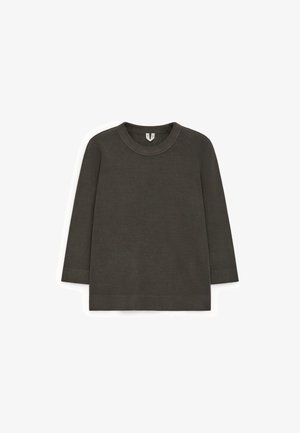 Dark grey long sleeve shirt with a rounded neckline, made of soft fabric. Features straight cut and no patterns or additional accents.