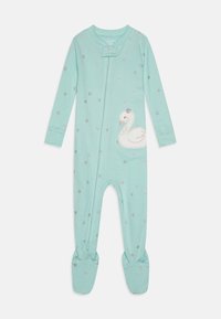 Turkise foted onepiece i mykt stoff med glidelås foran, prydet med sølvfargede prikker og et hvitt brodert svanedesign.