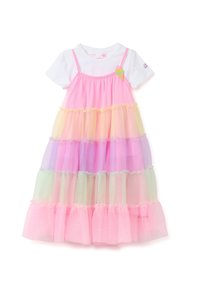 Roze jurk met een witte bovenkant, gelaagde tulerok in pastelkleuren (roze, geel, lavendel, groen), met ruches aan de randen en een ijsje-patch.