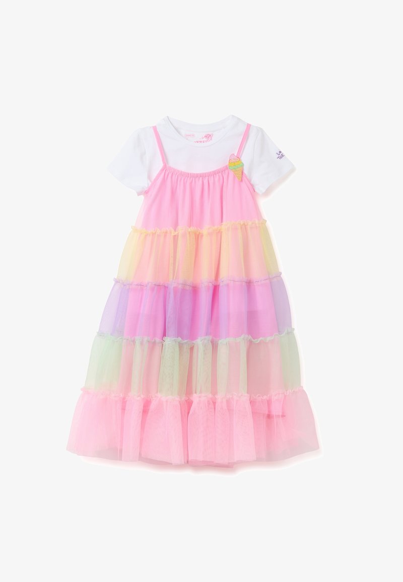 Robe rose avec un haut blanc, jupe en tulle superposée dans des couleurs pastel (rose, jaune, lavande, vert), avec des bords froncés et un patch en forme de glace.