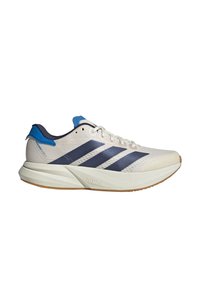 Chaussure de course Adidas blanche et bleue avec des bandes bleu marine, des lacets blancs, une semelle amortissante et un marquage "LIGHTSTRIKE" sur la semelle intermédiaire.