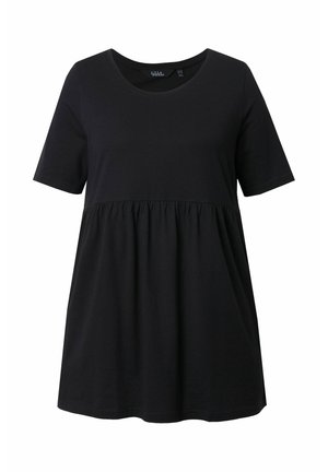 Schwarzes, kurzärmliges Oberteil aus weicher Baumwolle. Besitzt einen runden Halsausschnitt und eine A-Linien-Form mit gerafftem Stoff an der Taille.