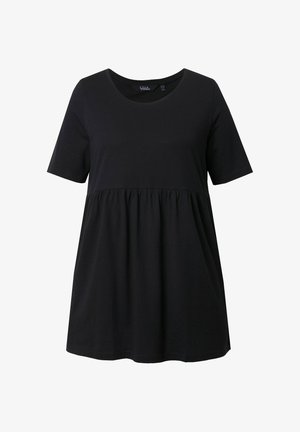 Sort, kortærmet top lavet af blødt bomuld. Har en rund halsudskæring og en A-formet silhuet med rynket stof ved taljen.