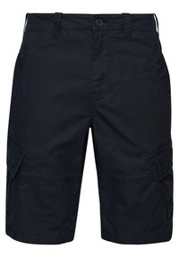 Pantaloni cargo navy in misto cotone, dotati di numerose tasche, dettagli cuciti e una vestibilità comoda con bande regolabili in vita.