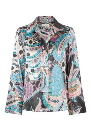 Blusa di seta con motivo paisley in blu, viola e nero, con colletto e maniche lunghe, texture liscia e chiusura con bottoni.