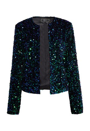 Jachetă sequins în negru cu paiete iridescente verzi și albastre, guler rotund, deschis în față, cu mâneci lungi și un interior neted, căptușit.