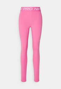Tight rosa leggings i stretchmaterial med ett brett midjeband med Nike Pro-logotyp och en liten vit Nike-swoosh på nedre del av benet.
