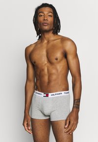 Gray boxer briefs with a white waistband featuring red and blue accents. Material appears soft; design is fitted, highlighting the body shape.