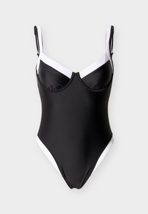 Must ühekordne bikiinid valge äärega rihmade, kaeluse ja puusade ümber, varustatud tugiraamiga tissikuklitega.