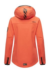 Orange softshell jacket with a hood, black accents, side zippered pockets, and a logo on the back. Smooth texture and tailored fit.