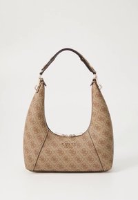 Pruun mustriga käekott kõverate vormidega, millel on dekoratiivne logo, peen õlakandmine ja kuldse tooniga riistvara detailid.