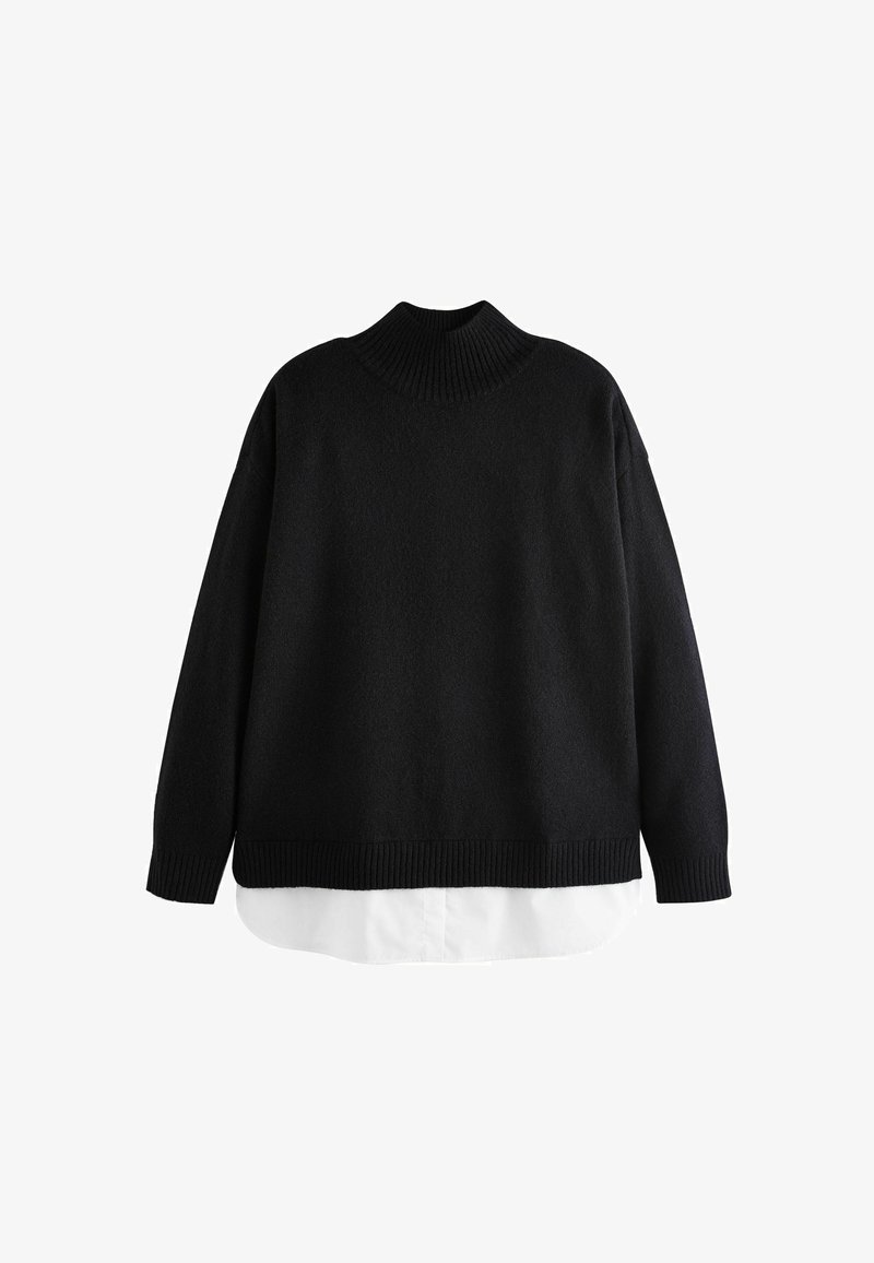 Melns pārpasaules džemperis ar augstu ribotu kaklu un garām piedurknēm. Iespējas teksturēts apdare un balta krekla apakšmalka, kas redzama zem tā.